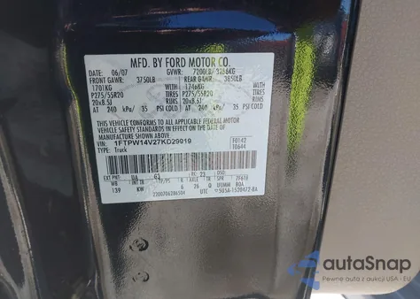 2007 Ford F150 Supercrew z USA, uszkodzony, nr VIN 1FTPW14V27KD29919